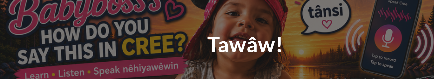 Babyboss How Do You Say This In Cree artwork with a vivid sunset, a tânisi speech bubble, and the Cree-language app
